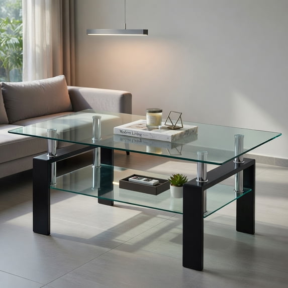 Spaco Modern 2-Tier Tempered Glass Coffee Table, Clear Glass Living ...