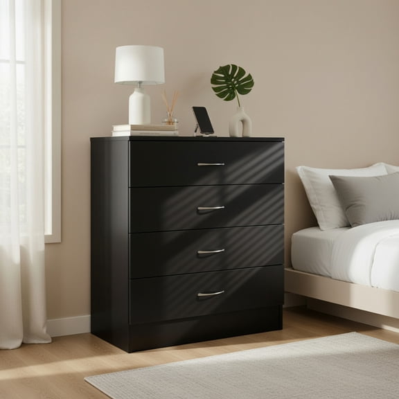 Spaco Modern 4-Drawer Dresser for Bedroom & Living Room, Space-Saving MDF Wood Storage Chest with Smooth Gliding Drawers, Black