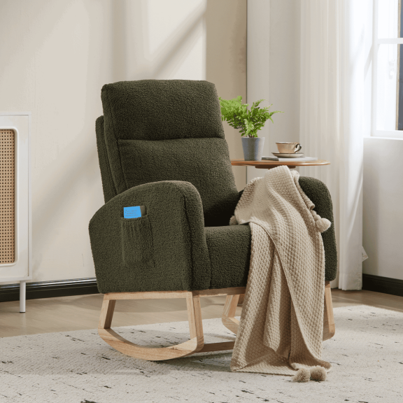 Spaco Modern Accent Rocking Chair with Side Pocket and High Backrest, Rocking Chair with Solid Wood Legs, Upholstered Nursery Glider Rocker for Indoor as Living Room, Dark Green