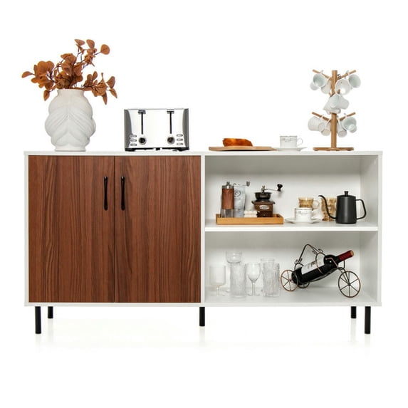Spaco Modern Buffet Sideboard, Cabinet with 2 Doors and Open Compartments, Cabinet for Indoor, Walnut