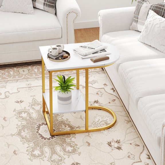 Spaco Modern C-Shaped Side Table, Faux Marble Tabletop, 2-Tier Storage Capacity, Metal Frame, White