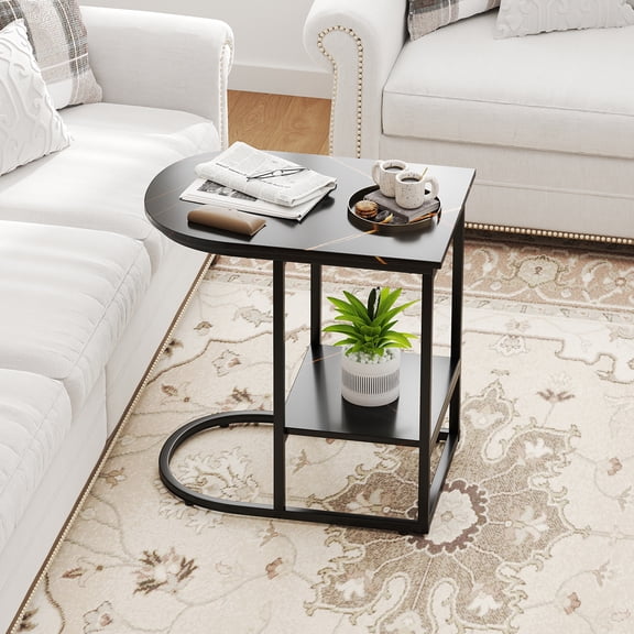 Spaco Modern C-Shaped Side Table, Faux Marble Tabletop, 2-Tier Storage Space, Metal Frame, Black