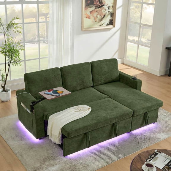 Spaco Modern Chenille Multi-Functional Pull-Out Bed Sofa with USB Charging Ports and Cup Holders, Sofa Bed with Retractable Table and LED Lighting for Indoor as Living Room, Bedroom, Green