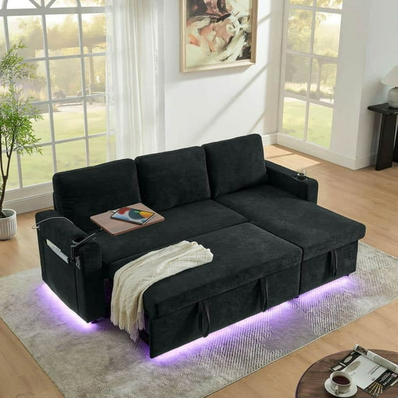 Spaco Modern Chenille Multi-Functional Pull-Out Bed Sofa with USB Charging Ports and Cup Holders, Sofa Bed with Retractable Table and LED Lighting for Indoor as Living Room, Bedroom, Black