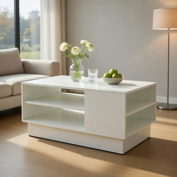 Spaco Modern Coffee Table with 2-Tier Open Storage Shelves, Coffee Table, White