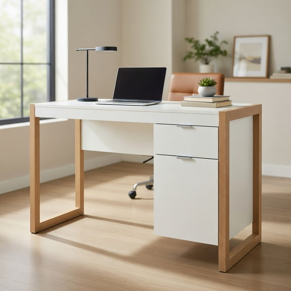 Spaco Modern Computer Desk Study Table Writing Workstation with Cabinet and Drawer-White, Office Desk, Gaming Computer Desks for Study,Working,Writing