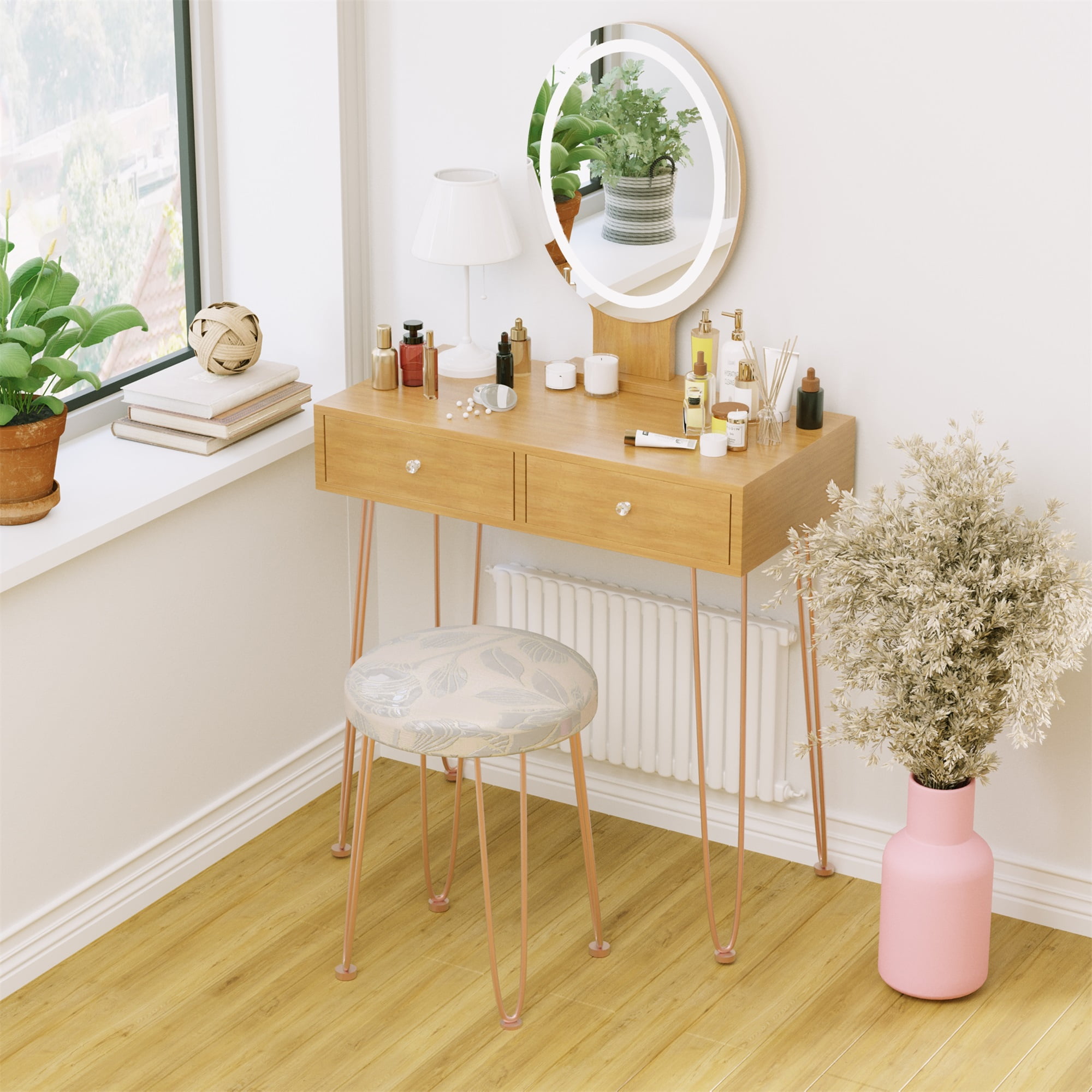 Spaco Modern Dressing Table with 3 Color Lighting Brightness Adjustable, Vanity Desk with 2 Wood Cosmetic Table Chest of Drawers and Gray Padded Stool, Nature Spaco Modern Dressing Table with 3 Color Lighting Brightness Adjustable, Vanity Desk with 2 Wood Cosmetic Table Chest of Drawers and Gray Padded Stool, Nature