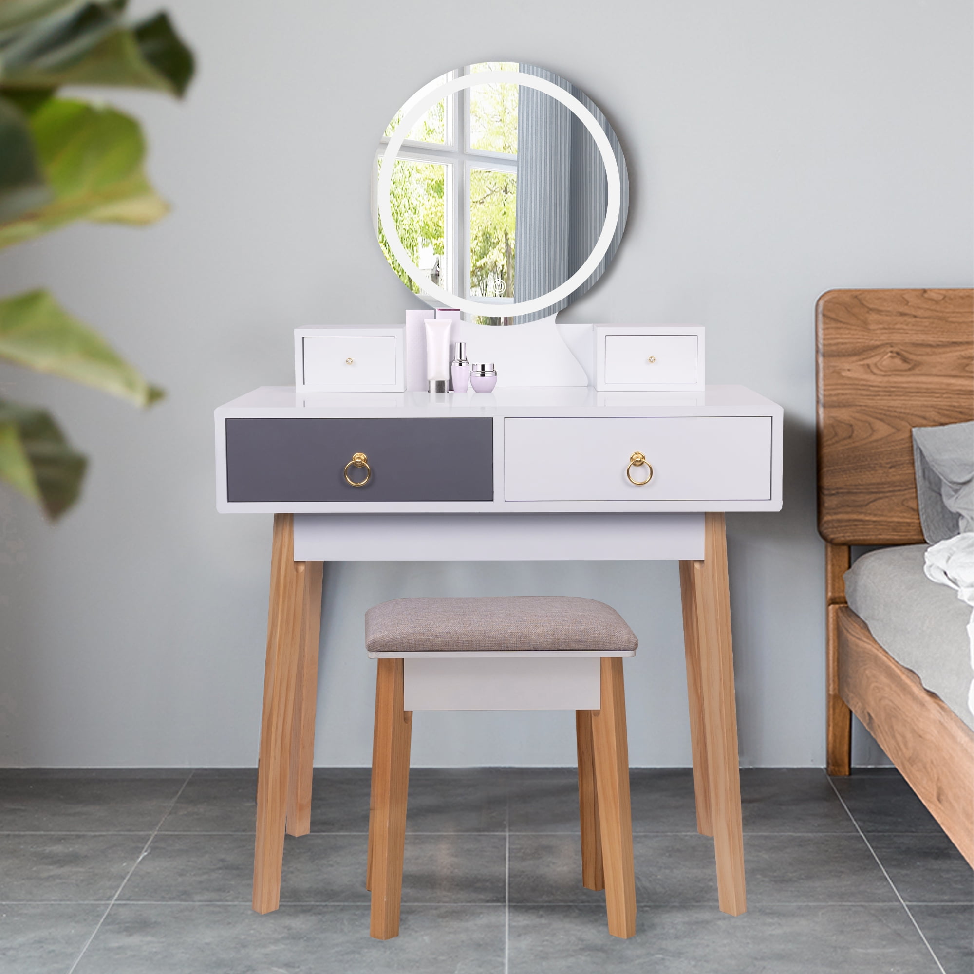 Spaco Modern Dressing Table with 3 Color Lighting Brightness Adjustable, Vanity Desk with 2 Clashing Color Drawers and Gray Padded Stool, white Spaco Modern Dressing Table with 3 Color Lighting Brightness Adjustable, Vanity Desk with 2 Clashing Color Drawers and Gray Padded Stool, white