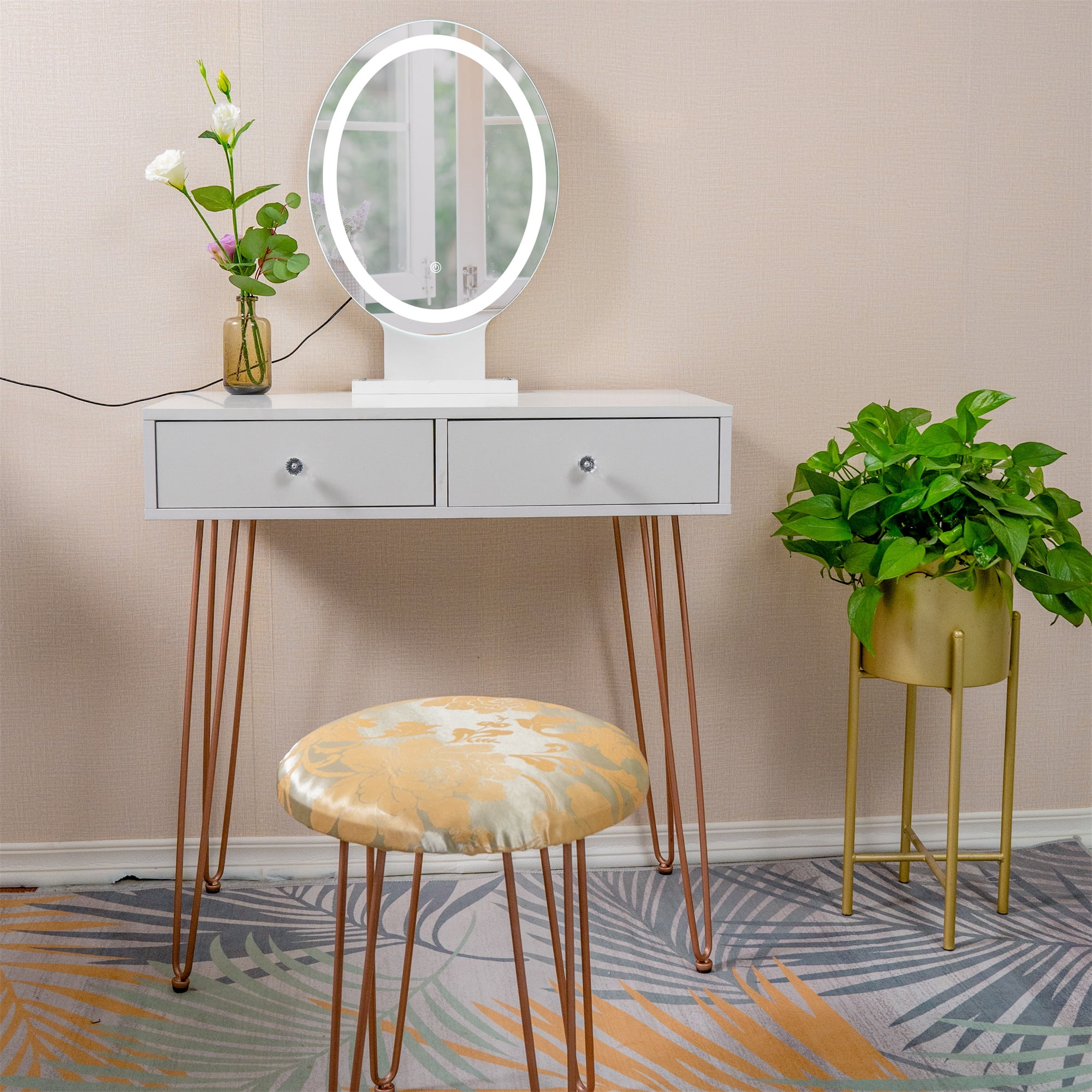 Spaco Modern Dressing Table with 3 Color Lighting Brightness Adjustable, Vanity Set with 2 Drawers, Yellow Padded Stool, White Spaco Modern Dressing Table with 3 Color Lighting Brightness Adjustable, Vanity Set with 2 Drawers, Yellow Padded Stool, White