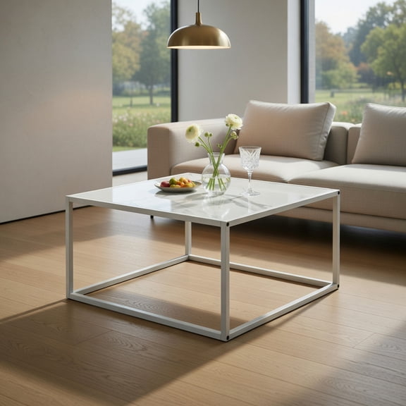 Spaco Modern Glass Square Coffee Table with Metal Frame for Living Room-White, Modern Coffee Table for Living Room Office Reception