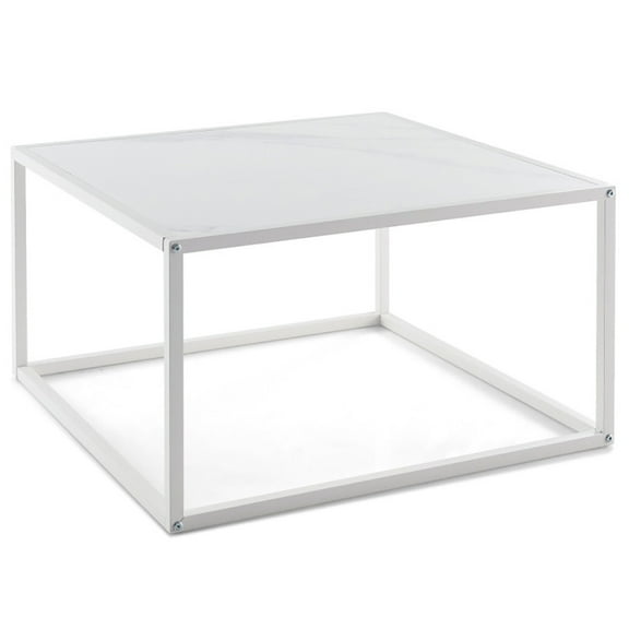 Spaco Modern Glass Square Coffee Table with Metal Frame for Living Room-White, Modern Coffee Table for Living Room Office Reception