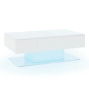 Spaco Modern LED Coffee Table with 20 Color LED Lights and 2 Storage Drawers-White, Modern Coffee Table for Living Room Office Reception