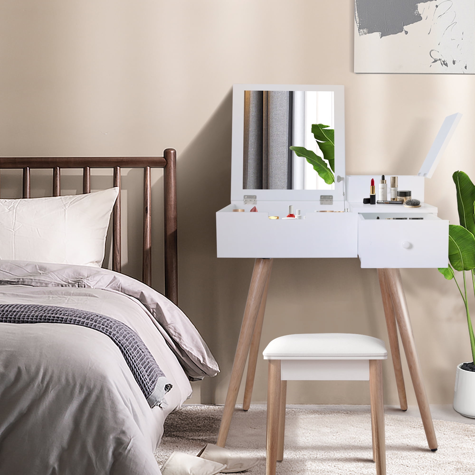 Spaco Modern Makeup Table with Flip Top Mirror and 2 Drawers, Vanity Desk for Bedroom Living Life, White Spaco Modern Makeup Table with Flip Top Mirror and 2 Drawers, Vanity Desk for Bedroom Living Life, White