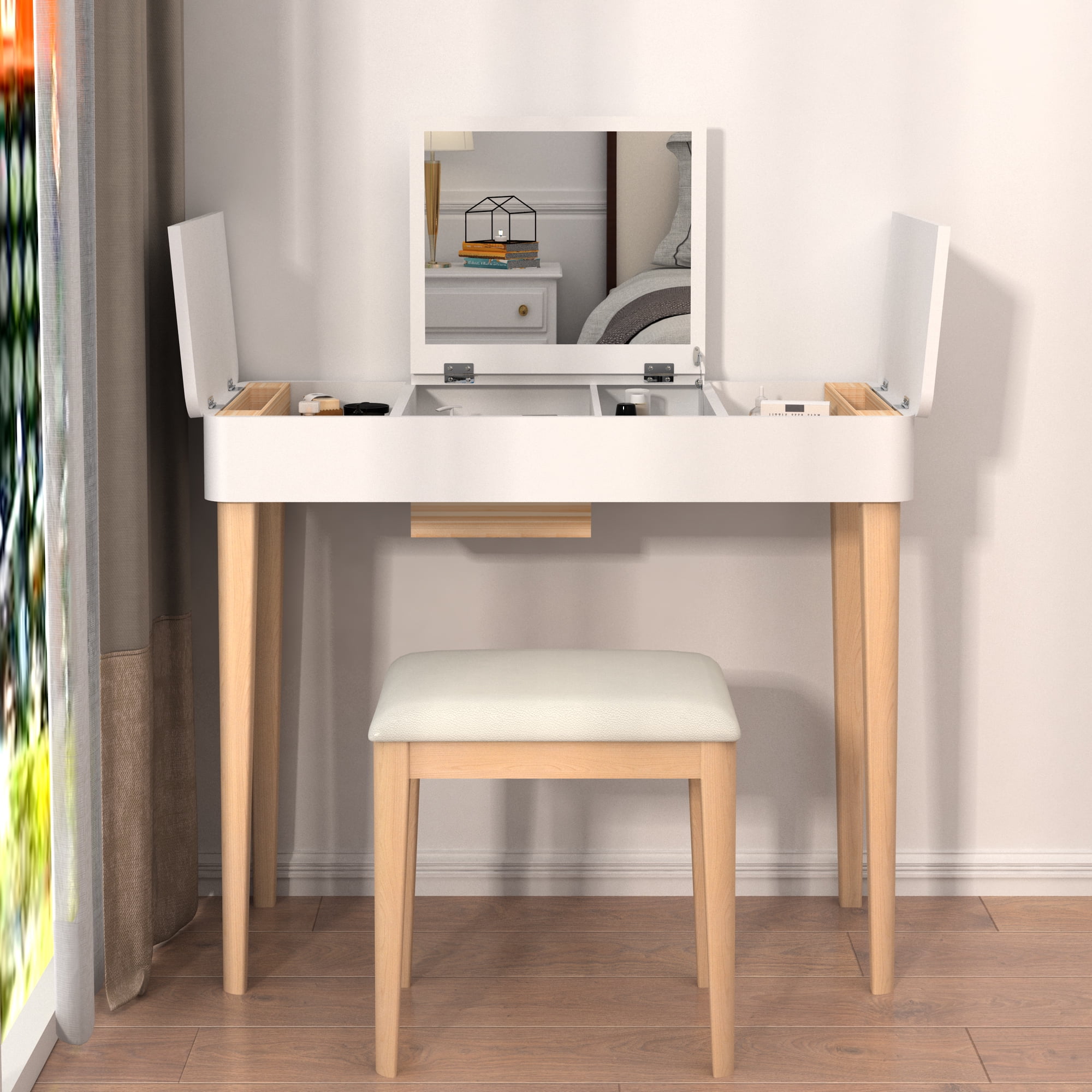 Spaco Modern Makeup Table with Flip-Up High Definition Mirror, Vanity Set with 4 Flip-up Storage Drawers, White Spaco Modern Makeup Table with Flip-Up High Definition Mirror, Vanity Set with 4 Flip-up Storage Drawers, White