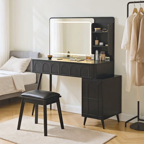 Spaco Modern Makeup Vanity Desk with 3 Colors Dimmable Brightness & Mirror, 4 Drawer Dressing Table Set with Stool for Indoor as Bedroom, Living Room, Black