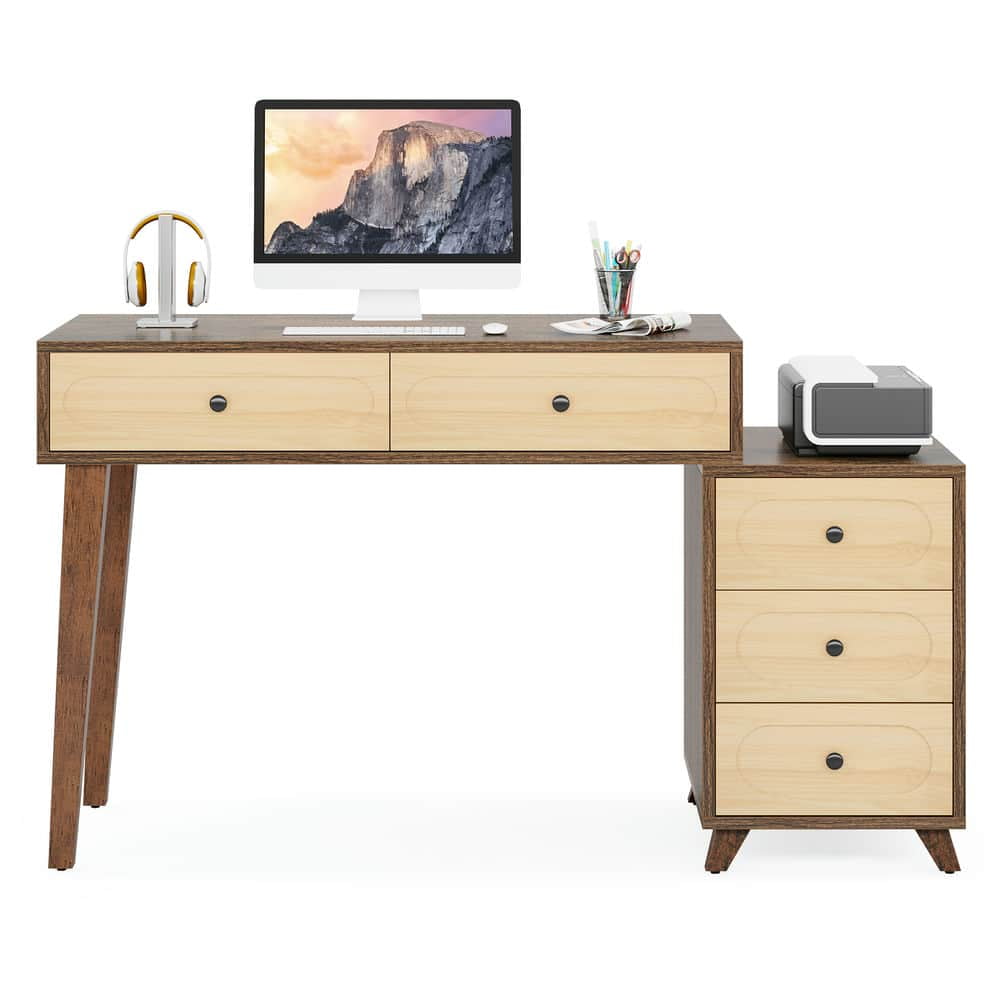 Spaco Modern Makeup Vanity Table, Dressing Table Set with 5 Drawers, Vanity Table Without Mirror & Stool for Indoor as Home, Office, Brown