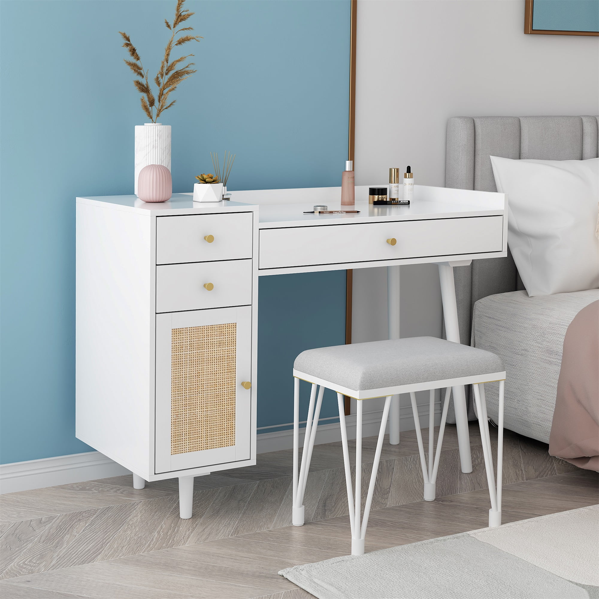 Spaco Modern Makeup Vanity with 3 Drawers, Dressing Table Wood Desk with Rattan Door, White Spaco Modern Makeup Vanity with 3 Drawers, Dressing Table Wood Desk with Rattan Door, White