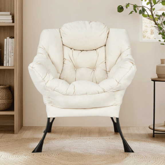 Spaco Modern Polyester Fabric Lazy Chair, Accent Oversized Comfy Reading Chair, Thick Padded Cozy Lounge Chair with Steel Frame and Side Pocket for Living Room, Bedroom, Office, Beige