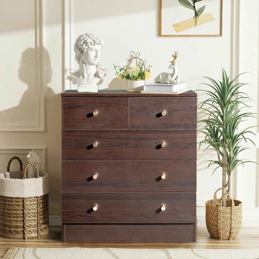 Spaco Modern Simple 4-Layer 5-Drawer Dresser, Drawer Cabinet with Gold Handle, Brown