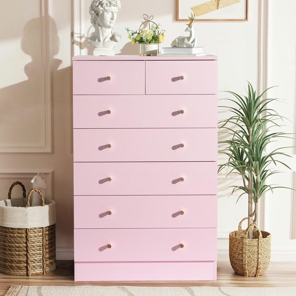 Spaco Modern Simple 6-Layer 7-Drawer Dresser, Drawer Cabinet with Gold Handle, Pink