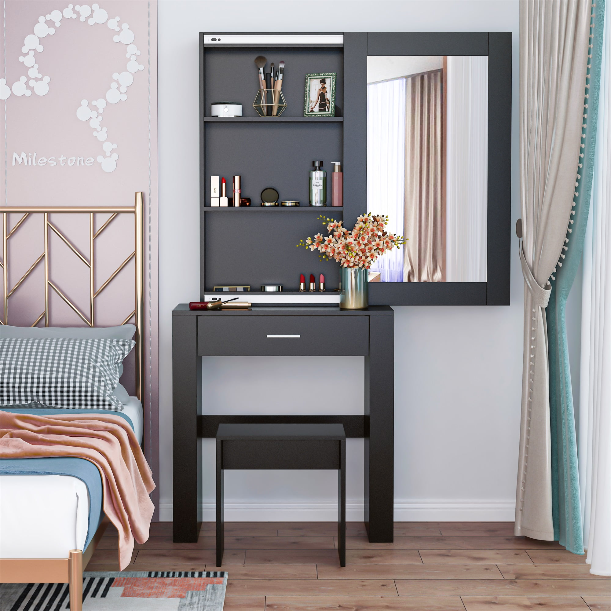 Spaco Modern Vanity Desk with Mirror and Stool, Storage Shelves & Drawer, Vanity Set for Girls, Black Spaco Modern Vanity Desk with Mirror and Stool, Storage Shelves & Drawer, Vanity Set for Girls, Black