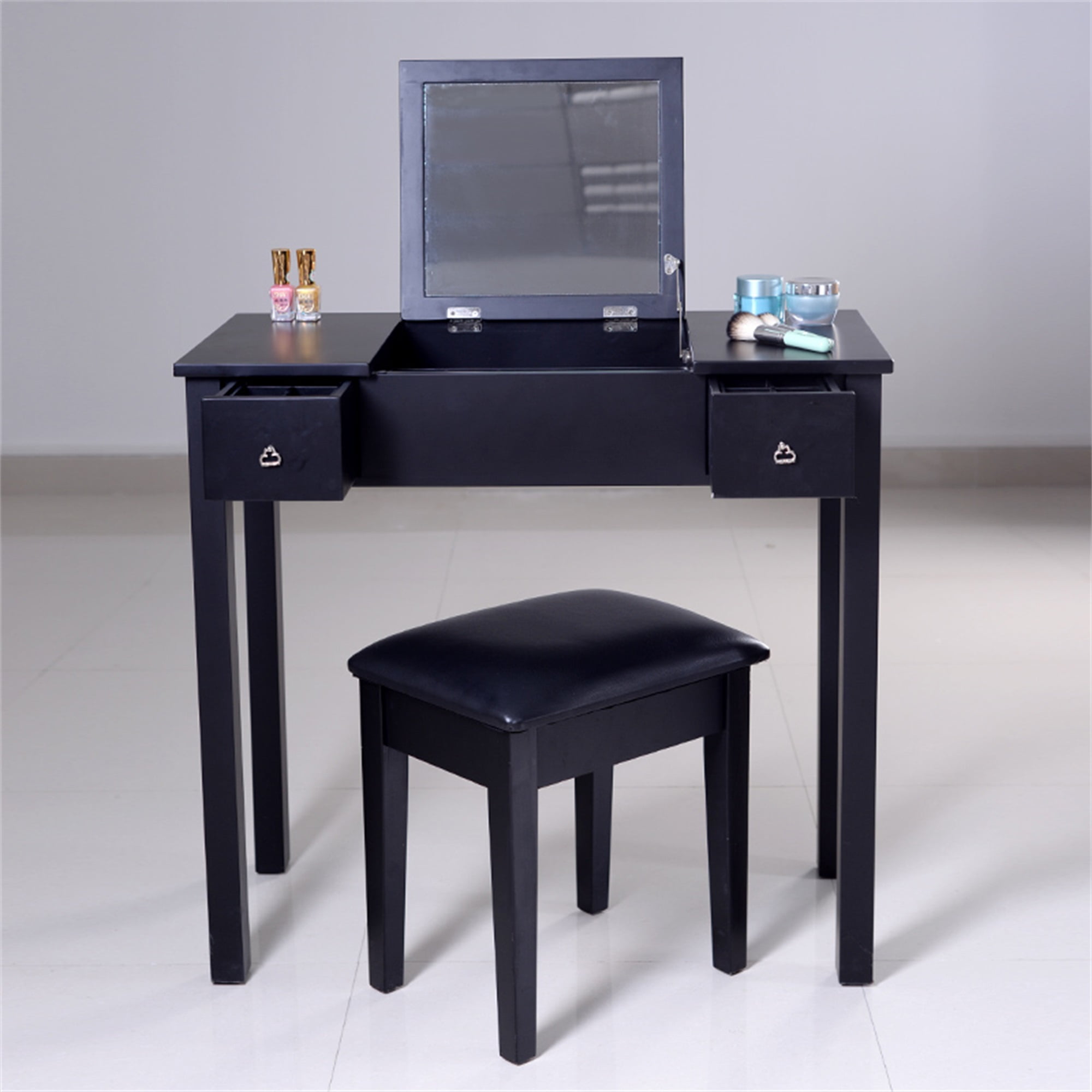 Spaco Modern Vanity Table Set with Flip-Top Mirror and 2 Drawers, Jewelry Storage for Women Dressing, Dressing Table for Bedroom, Black Spaco Modern Vanity Table Set with Flip-Top Mirror and 2 Drawers, Jewelry Storage for Women Dressing, Dressing Table for Bedroom, Black