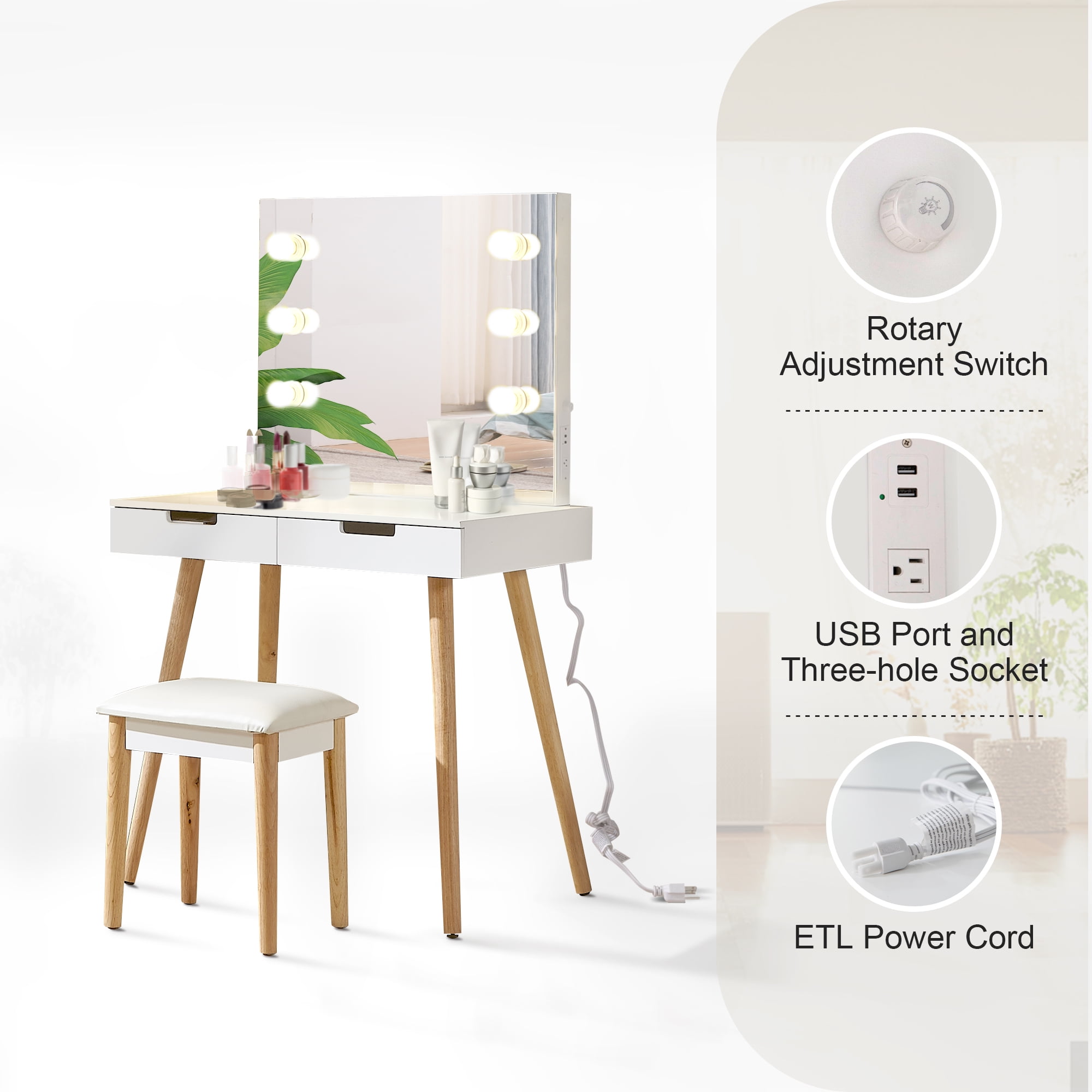 Spaco Modern Vanity Table with LED Light, Makeup Vanity Desk with 2 Wood Cosmetic Table Chest of Drawers, USB Port, White Spaco Modern Vanity Table with LED Light, Makeup Vanity Desk with 2 Wood Cosmetic Table Chest of Drawers, USB Port, White