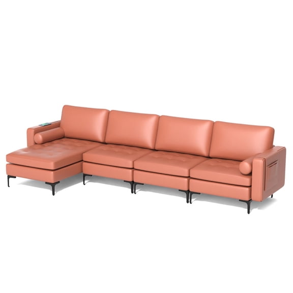 Spaco Modular L-shaped Sectional Sofa with Reversible Chaise and 2 USB Ports-Pink, Sectional Sofa Couch Living Room Sleeper Set