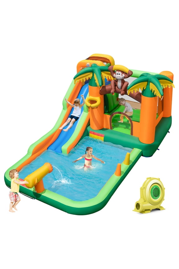 Monkey-Themed Inflatable Water Slide with Jumping Area and Pool, Inflatable Water Slide with 680W Blower, Inflatable Water Park for Kids Backyard Summer, Multi-color