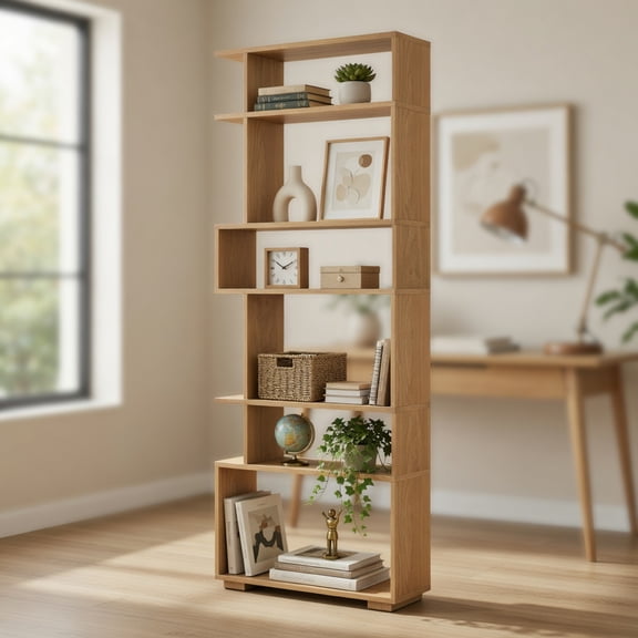 Spaco Natural 6-Tier Geometric Bookshelf with 2 Anti-Tip Kits, Spacious Home Office Storage with Sturdy Panel Construction