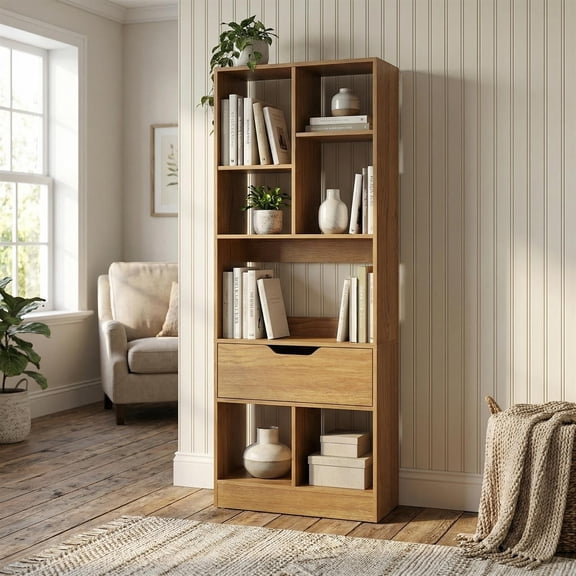 Spaco Natural 61 Inch Tall Freestanding Bookcase with Drawer, 8-Cube Organizer & Anti-Tip Design for Home Office