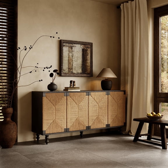 Spaco Natural Accent Sideboard Buffet Cabinet, Wire-Brushed & Seagrass Door Design, Multi-Use Storage & TV Stand for Hallway & Dining Room, Brown