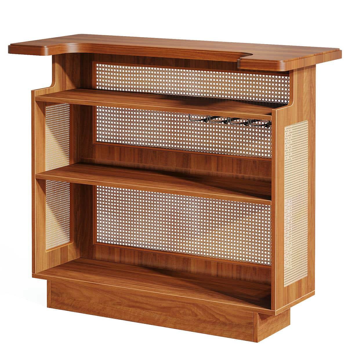 Spaco Natural Bar Cabinet with Rattan Accents and Wood Construction, Multi-Functional Bar Cabinet with Storage for Indoor as Home, Bar, Kitchen, Brown