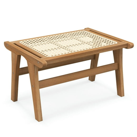Spaco Natural Teak Wooden Foot Rest with Handwoven Rattan, Vanity Stool