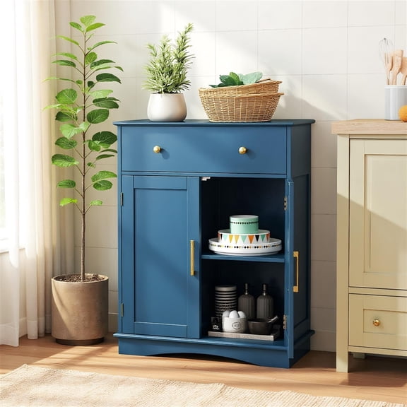 Spaco Navy Blue Floor Storage Cabinet with Doors, Modern Buffet Sideboard with Drawer & Adjustable Shelf