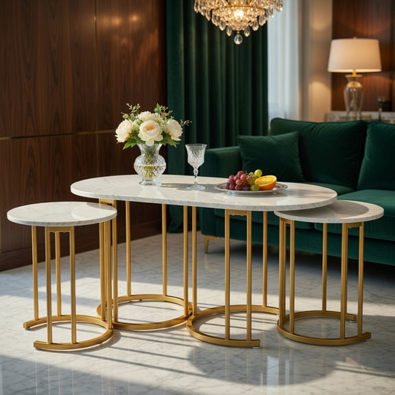 Spaco Nesting Coffee Table Set of 3, Coffee Table with Faux Marble Tabletop and Powder-coated Gold Metal Frame, White