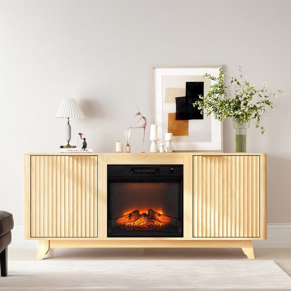 Spaco Oak Fireplace TV Stand with 18-Inch Insert, Double Grid Doors, Gold Handles & Adjustable Heating, Cozy & Functional Entertainment Console, Oak