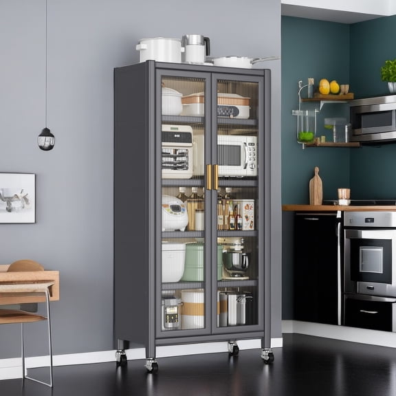 Spaco Open-door Kitchen Shelving , Microwave Stand, Bakers Racks for Kitchens with Storage, Microwave cart, Transparent Flap Door Design Kitchen Storage Shelves, White