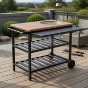 Spaco Outdoor BBQ Grill Cart with Folding Side Table, Stainless Steel & Aluminum Korean Grill Station, 34" x 20" Countertop, Dual Shelves, Anti-Slip Wheels & Adjustable Feet