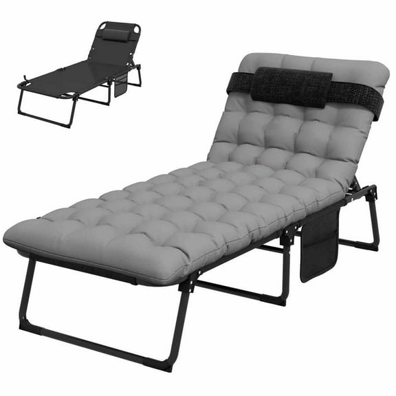 Spaco Outdoor Chaise Lounge with 4-Position Backrest and Storage Pocket, Chaise Lounge with Detachable Pillow for Patio, Garden, Poolside, Gray