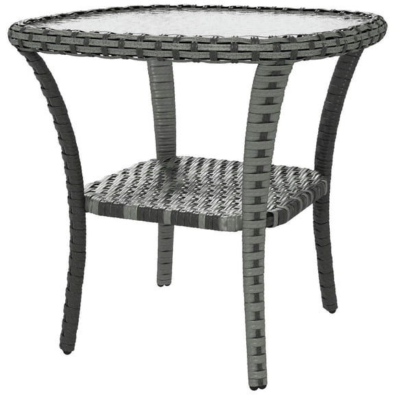 Spaco Outdoor Coffee Table with Storage Shelf, Hand-Woven Wicker Side Table with Water-Ripple Glass Top for Outdoor as Garden, Patio, Balcony, Backyard, Mix Gray