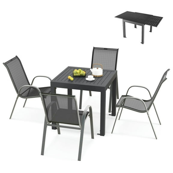 Spaco Outdoor Dining Table Set with Sturdy Metal Frame, Table Set with Extendable Aluminum Table and 4 Stackable Chairs, Dining Table Set for Outdoor as Garden, Patio, Gray