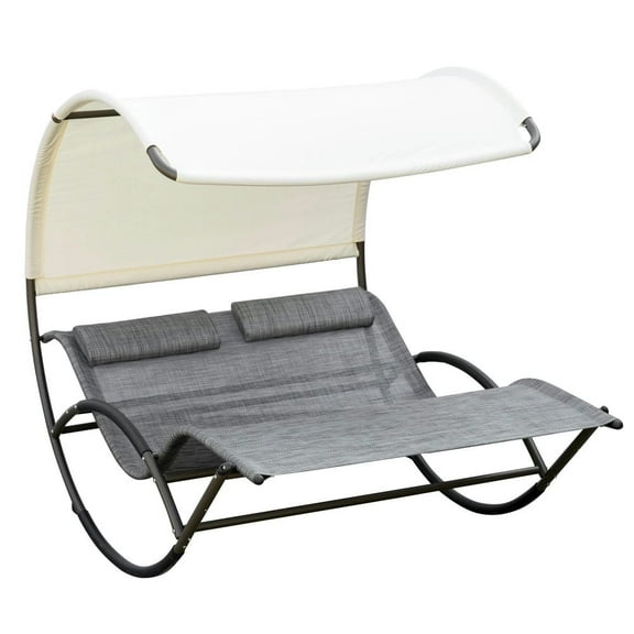 Spaco Outdoor Double Chaise Rocking Chair, Day Bed Sun Lounger with Canopy Shade, Headrest Pillow, Armrests for Outdoor as Garden, Poolside, Light Gray