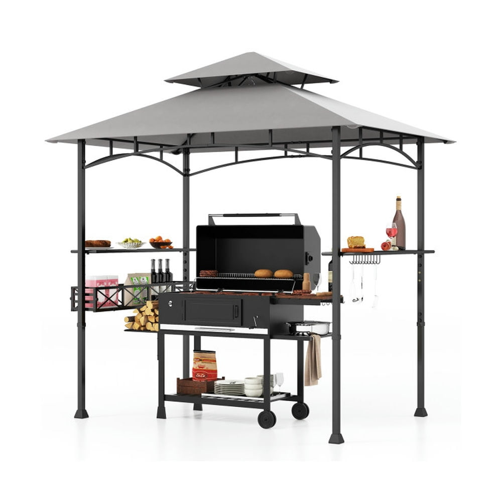 Spaco Outdoor Gazebo,Patios Gazebos,8 x 5 FT Outdoor Grill Gazebo with 2 Side Shelves and 20 Hooks-Gray