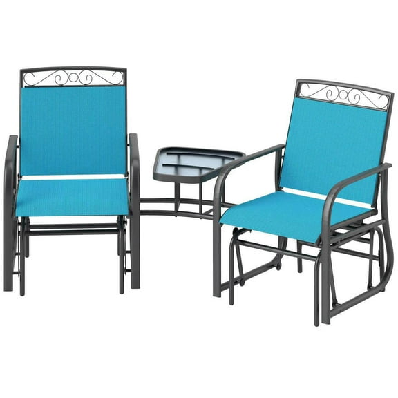 Spaco Outdoor Glider Chairs with Coffee Table, 2-Seat Rocking Chair Swing with Breathable Sling for Outdoor, Blue