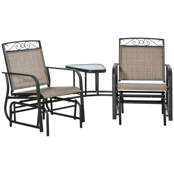 Spaco Outdoor Glider Chairs with Coffee Table, 2-Seat Rocking Chair Swing with Breathable Sling for Outdoor, Brown