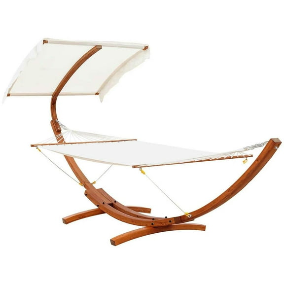 Spaco Outdoor Hammock with Stand & Accessories, Sun Shade Visor Canopy with Heavy Duty Wooden Frame, Natural Cotton Nap Bed for Patio, Beach, White
