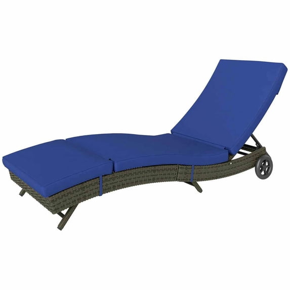 Spaco Outdoor PE Rattan Chaise Lounge Chair, Sun Lounger with Adjustable Backrest & 2 Wheels, Comfortable Patio Furniture for Garden, Poolside, Balcony, Dark Blue