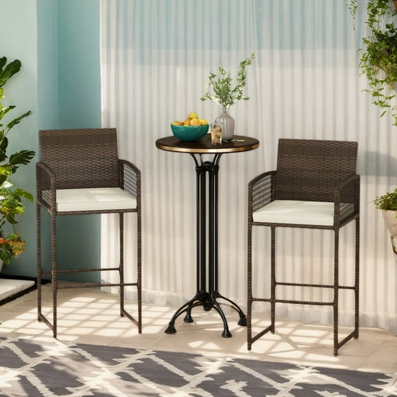 Spaco Outdoor PE Wicker Bar Stools Set of 2, Patio Bar Height Chairs with Cushions for Patio, Garden, Backyard, White