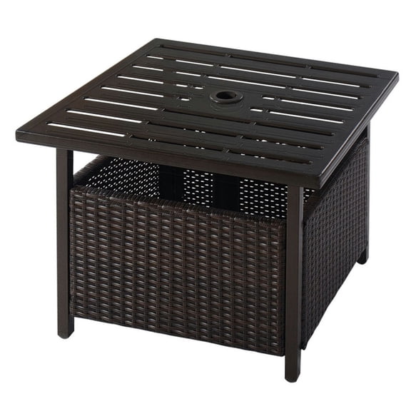 Spaco Outdoor Patio Rattan Wicker Steel Side Deck Table with Reserved Umbrella Hole, PE Rattan Table with Rugged Durable Steel Frame, Wicker Steel Table for Outdoor as Garden, Patio, Black